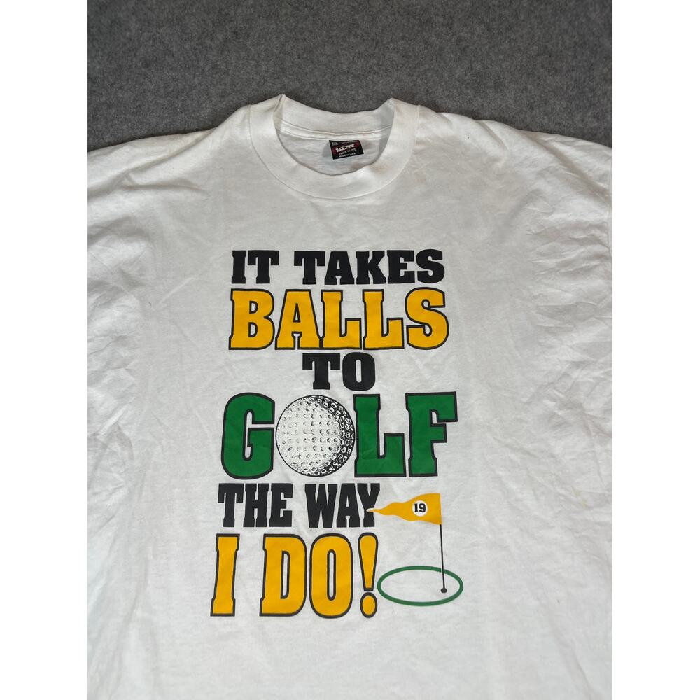 Vintage 90s It Takes Balls To Golf The Way I Do T Shirt Mens 2XL White Graphic